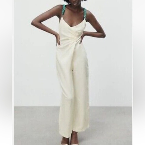 NWT Zara Linen Blend Jumpsuit with Chain Straps M Oyster White - Picture 1 of 15